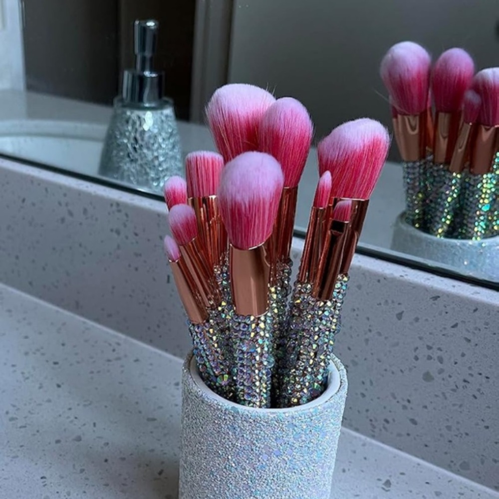 Pink and Silver crystallized bedazzled 13 piece Makeup Brush Set with holder - Picture 1 of 7